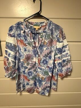 Floral Lace-Trim Peasant Blouse - Multi Blue